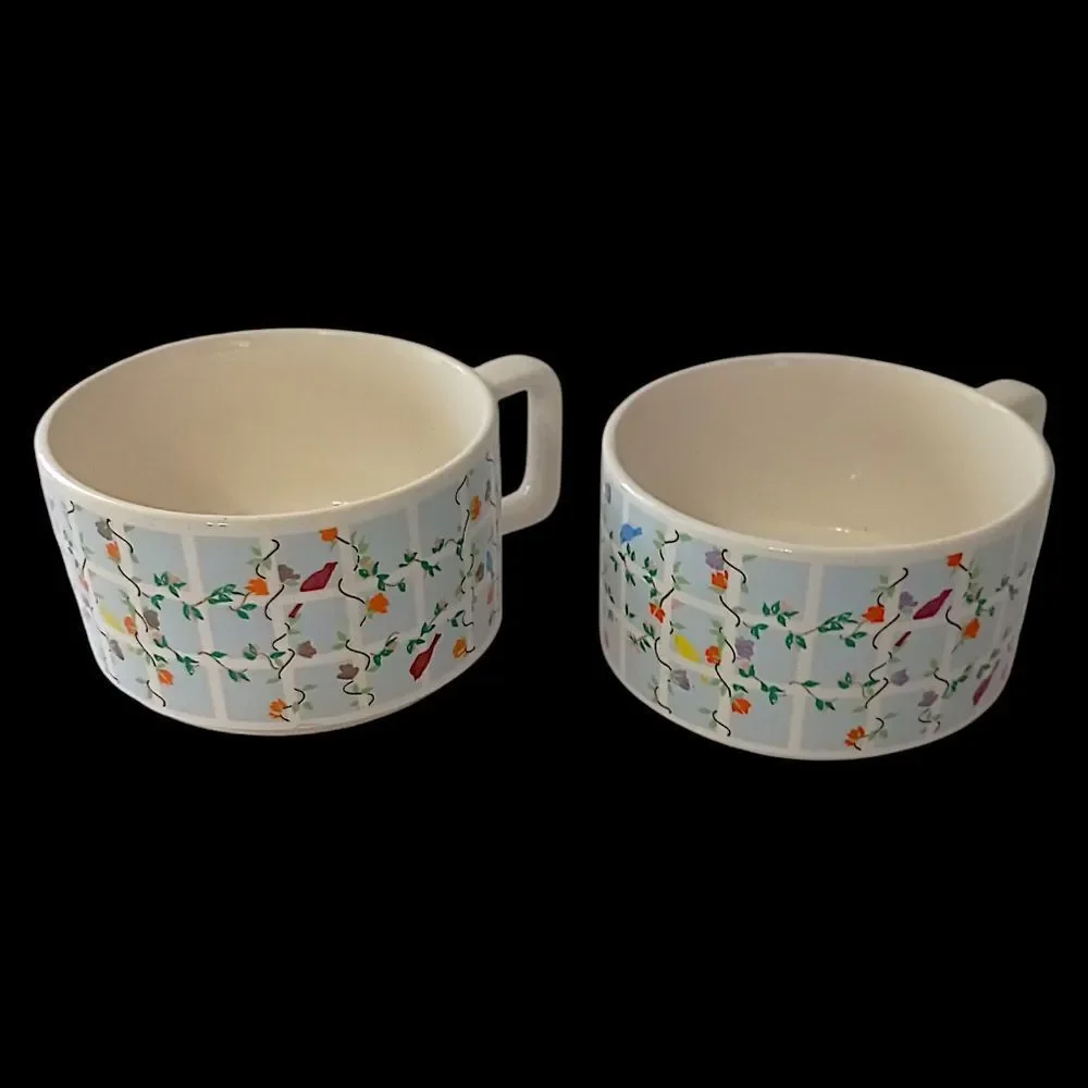 2 Vintage Soup Chili Mug Cup Ceramic Flowers Birds Pastel Pair Cottage 70s Retro